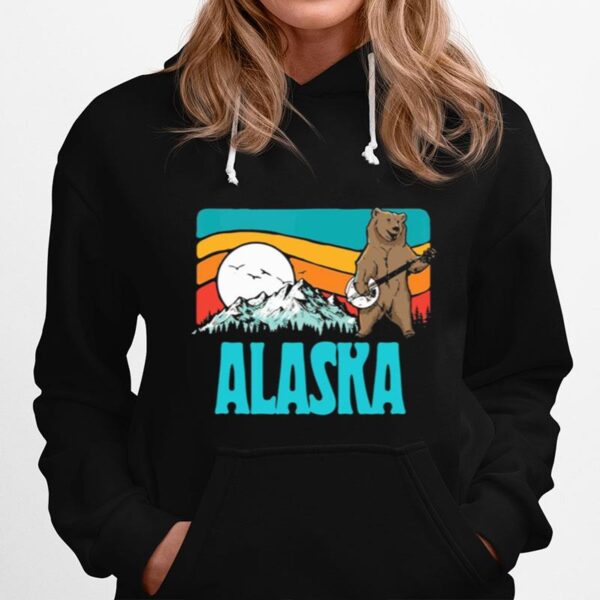 Alaska Mountains Bluegrass Banjo Bear Graphic Hoodie