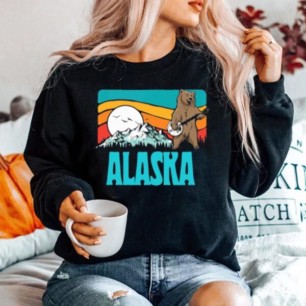 Alaska Mountains Bluegrass Banjo Bear Graphic Sweater