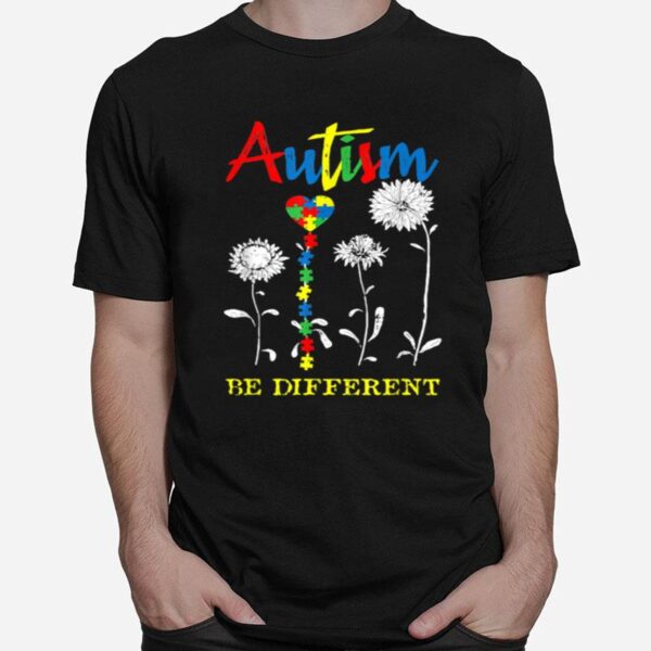 Awareness Sunflower Heart Puzzle Piece Autism Be Different T-Shirt