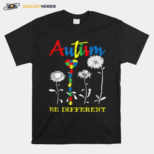 Awareness Sunflower Heart Puzzle Piece Autism Be Different T-Shirt