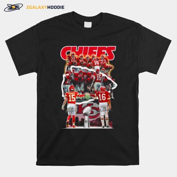 Awesome Kansas City Chiefs Team Patrick Mahomes Ii And Len Dawson Mvp Signatures T-Shirt