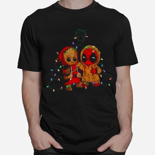 Baby Groot And Baby Deadpool Merry Christmas Light T-Shirt