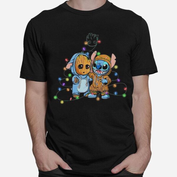 Baby Groot And Baby Stitch Happy Light Christmas T-Shirt