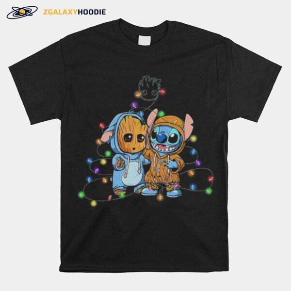 Baby Groot And Baby Stitch Happy Light Christmas T-Shirt