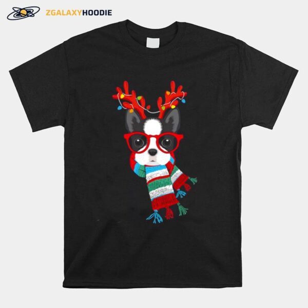 Boston Terrier Xmas Holidays Reindeer Christmas Lights T-Shirt