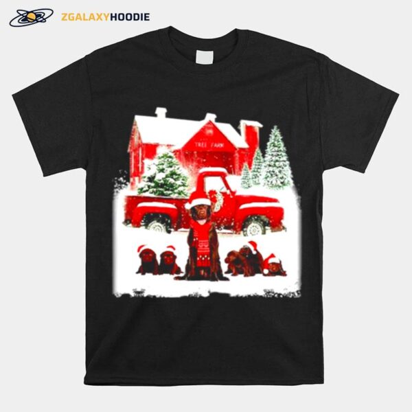 Chocolate Labrador Santa Hat Red Truck Tree Farm Christmas T-Shirt