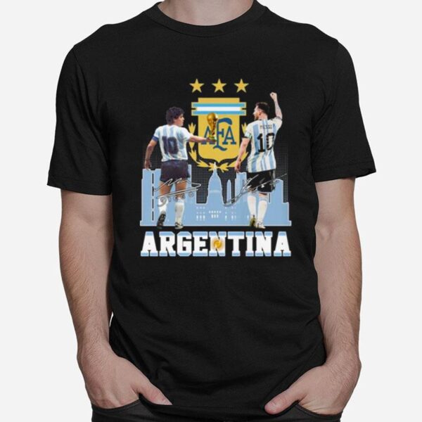 Diego Maradona And Lionel Messi Argentina City Signatures T-Shirt