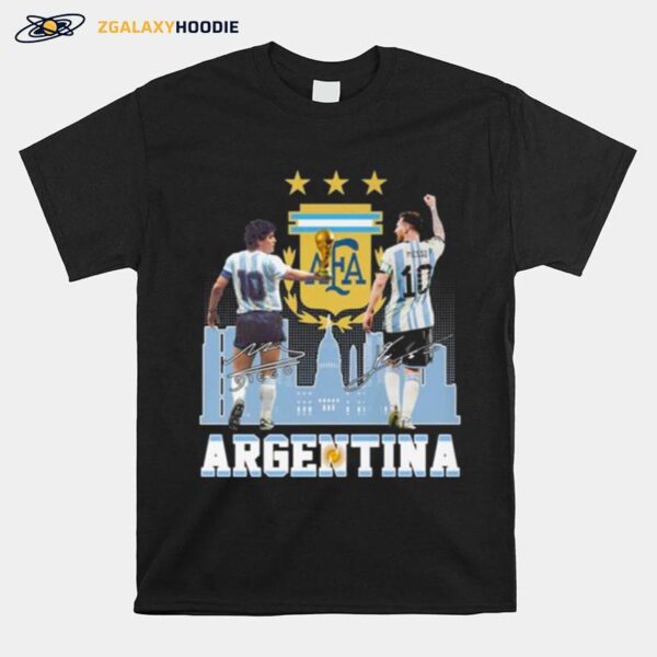 Diego Maradona And Lionel Messi Argentina City Signatures T-Shirt