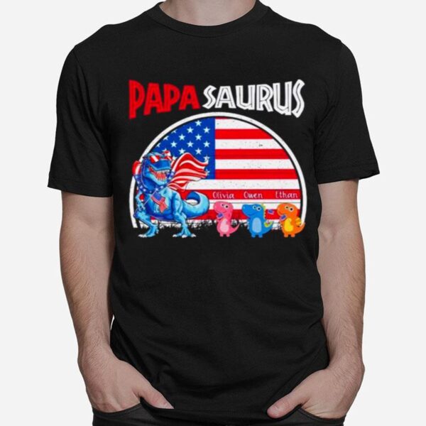 Dinosaur Papasaurus Olivia Owen Ethan American Flag T-Shirt