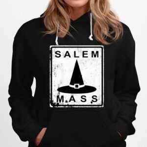 Distressed Salem Mass Black Witch Hat Massachusetts Sign Hoodie