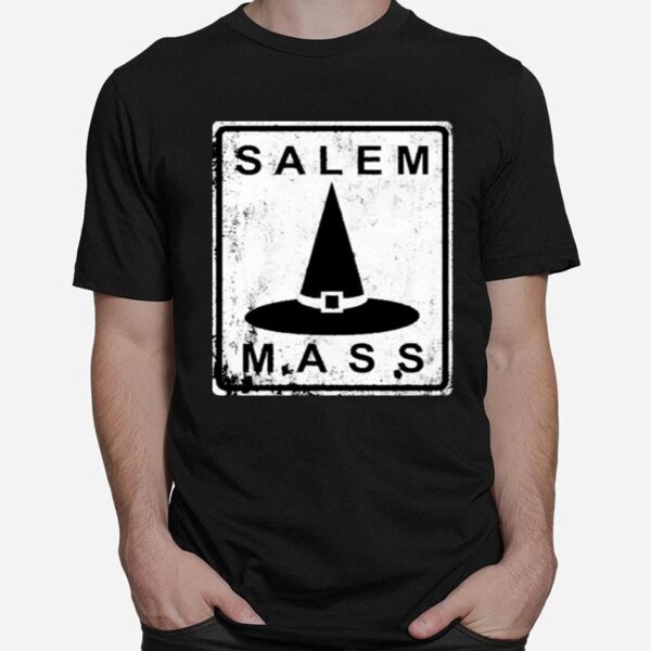 Distressed Salem Mass Black Witch Hat Massachusetts Sign T-Shirt