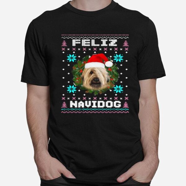Feliz Navidog Briard Dog Santa Hat Funny Ugly Christmas T-Shirt