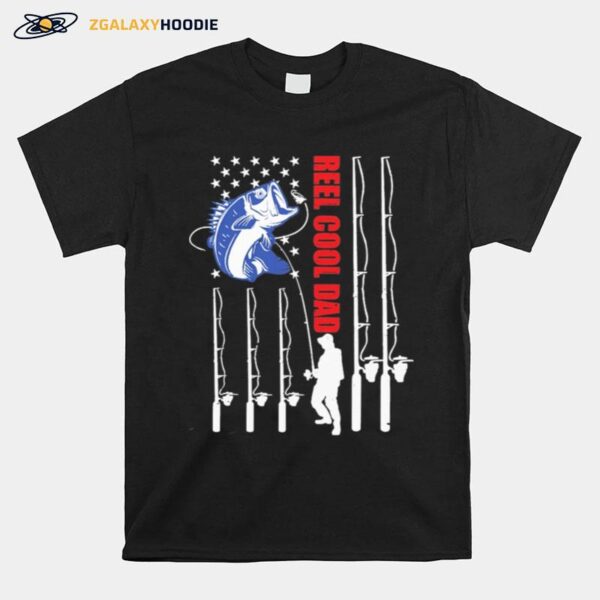 Fishing Reel Cool Dad Ameican Flag T-Shirt