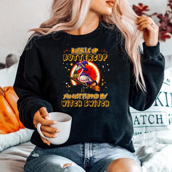 Flamingo Buckle Up Buttercup You Just Flipped My Witch Switch Halloween Sweater