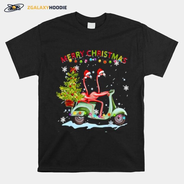 Flamingo Santa Hat Xmas Light Motobike Christmas T-Shirt