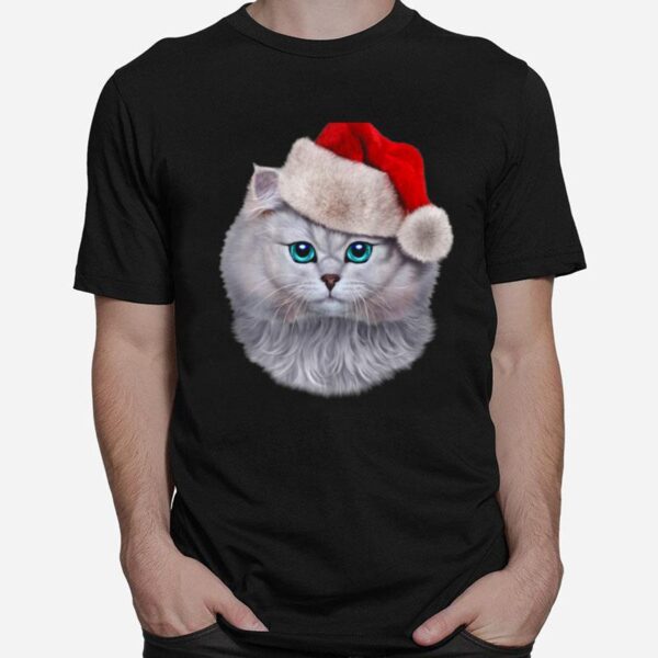 Fluffy Cat Wearing Santa Claus Hat On Christmas Holiday T-Shirt