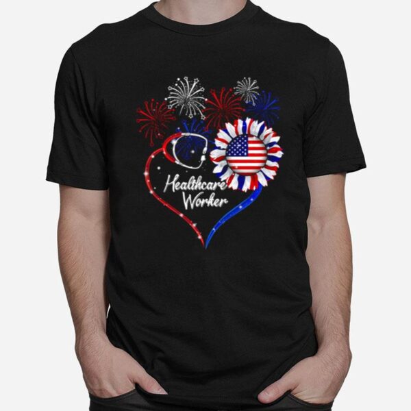 Healthcare Worker Sunflower American Flag Patriotic 4Th Of July T-Shirt