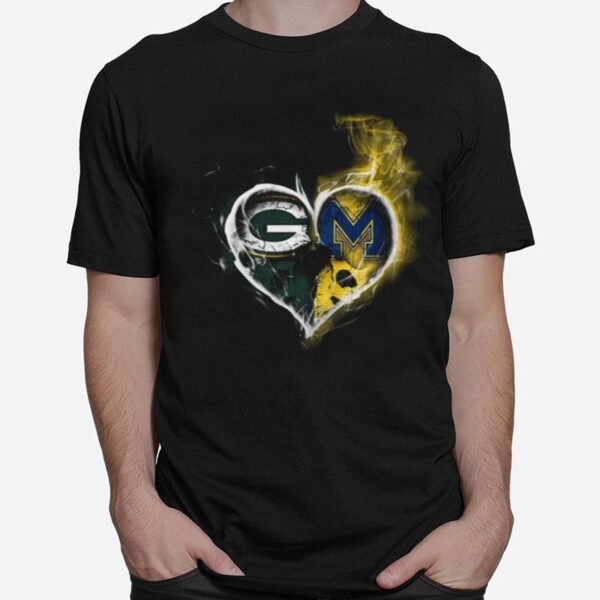 Heart Green Bay Packers And Michigan Wolverines Football T-Shirt