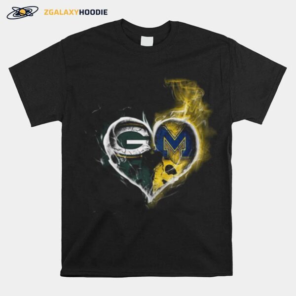 Heart Green Bay Packers And Michigan Wolverines Football T-Shirt