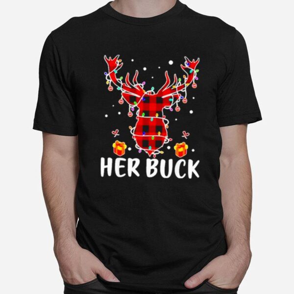 Her Buck His Doe Reindeer Xmas Pajamas Matching Couples Lights Christmas T-Shirt