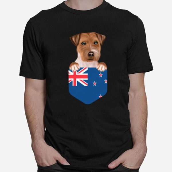 New Zealand Flag Russell Terrier Dog In Pocket T-Shirt