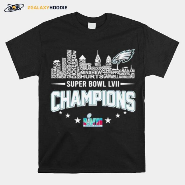 Philadelphia Eagles Players City Skyline Super Bowl Lvii 2023 Champions T-Shirt