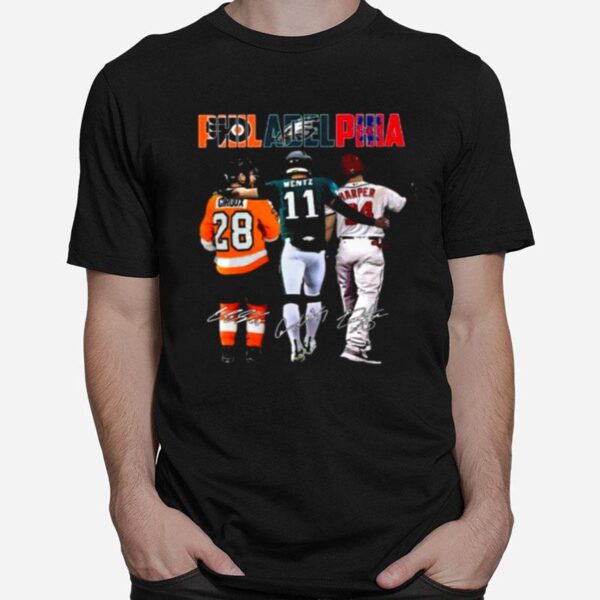 Philadelphia Sport Teams 28 Giroux 11 Wentz And 34 Harper Signatures T-Shirt