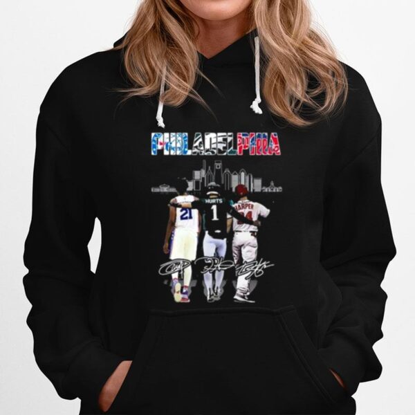 Philadelphia Sports Skyline Joel Embiid Jalen Hurts And Bryce Harper Signatures Hoodie