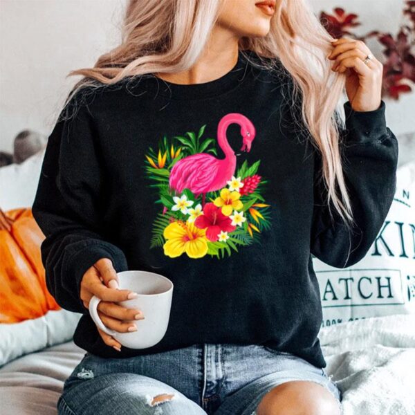 Pink Flamingo Tropical Flowers Tropical Ferns Sweater