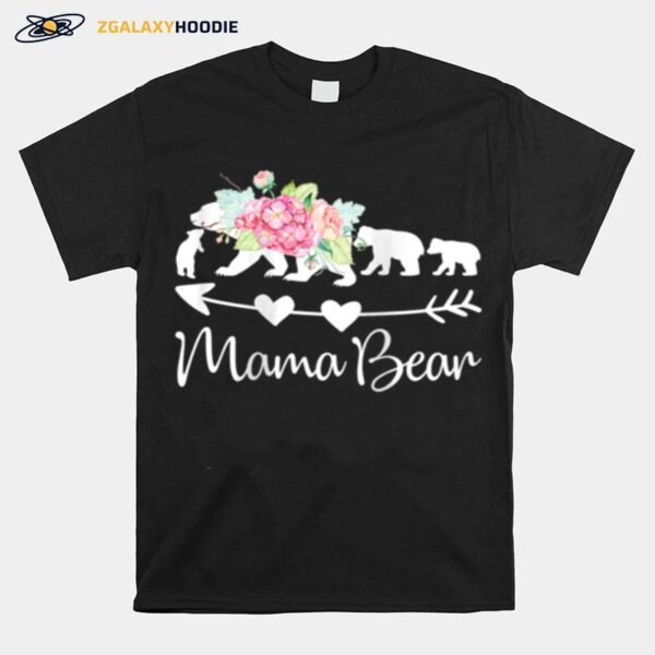 Pink Watercolor Roses Floral Mama Bear And Three Cubs T-Shirt