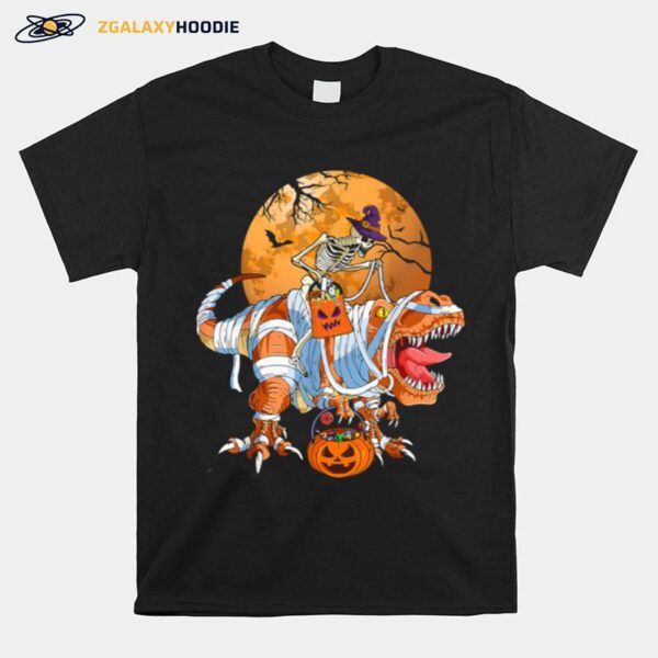 Scary Skeleton Riding T Rex Halloween Boys Pumpkin Dinosaur T-Shirt