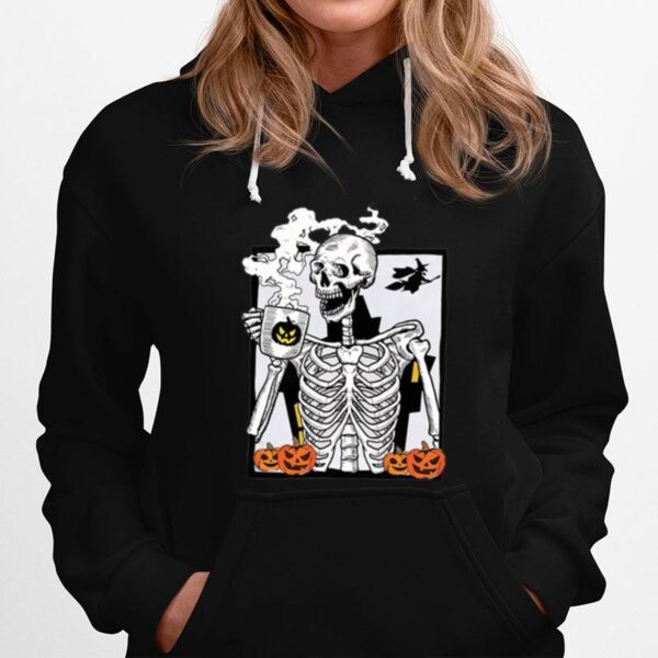 Skeleton Drinking Hot Coffee Pumpkin Halloween Hoodie