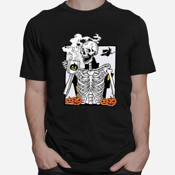 Skeleton Drinking Hot Coffee Pumpkin Halloween T-Shirt