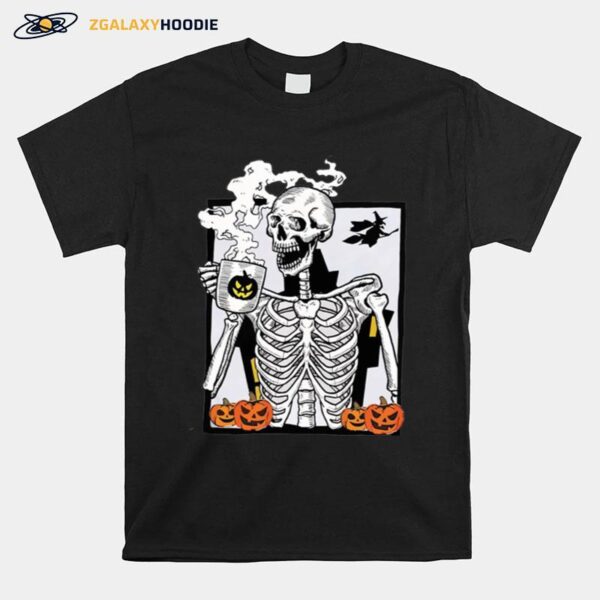 Skeleton Drinking Hot Coffee Pumpkin Halloween T-Shirt