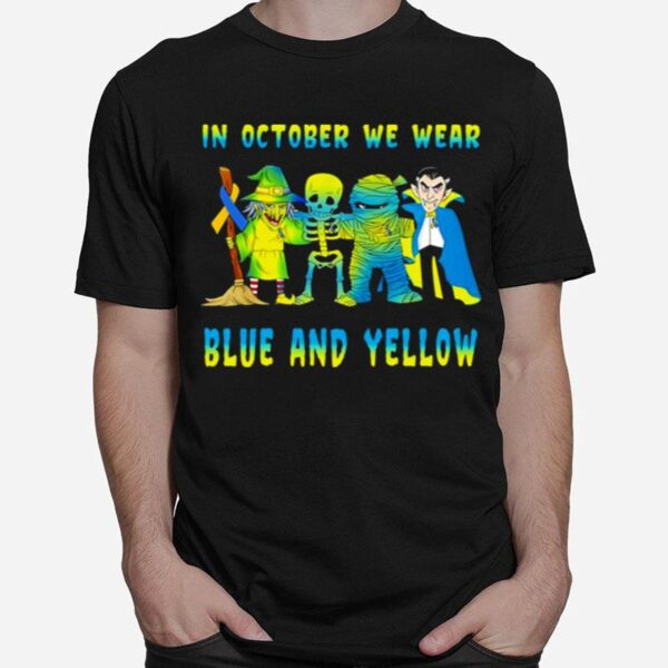 Skeleton In October We Wear Blue And Yellow T-Shirt