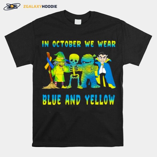 Skeleton In October We Wear Blue And Yellow T-Shirt