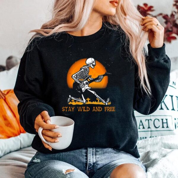 Skeleton Playing Guitar Stay Wild And Free Halloween Sweater