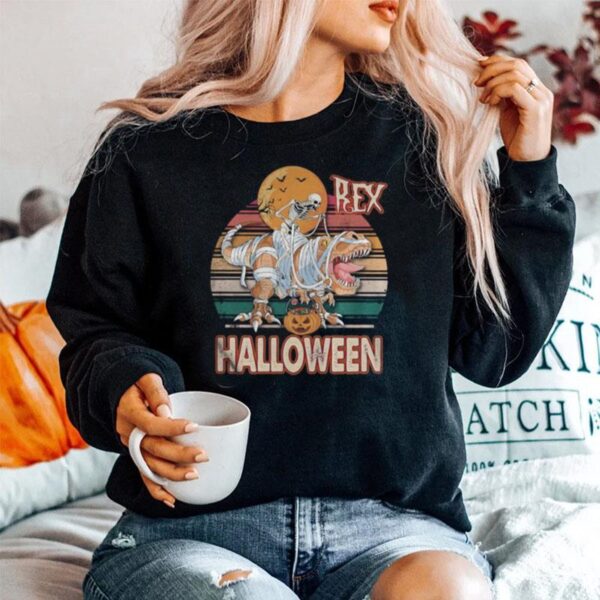 Skeleton Riding Mummy Saurus Rex Halloween Vintage Retro Sweater