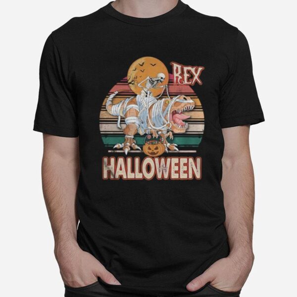 Skeleton Riding Mummy Saurus Rex Halloween Vintage Retro T-Shirt