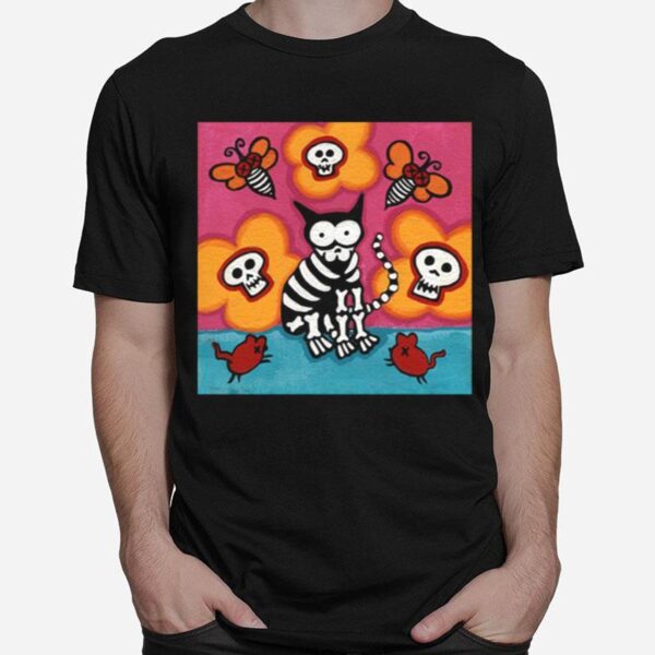 Skelly Cat With Bees Dia De Muertos Day Of Dead T-Shirt