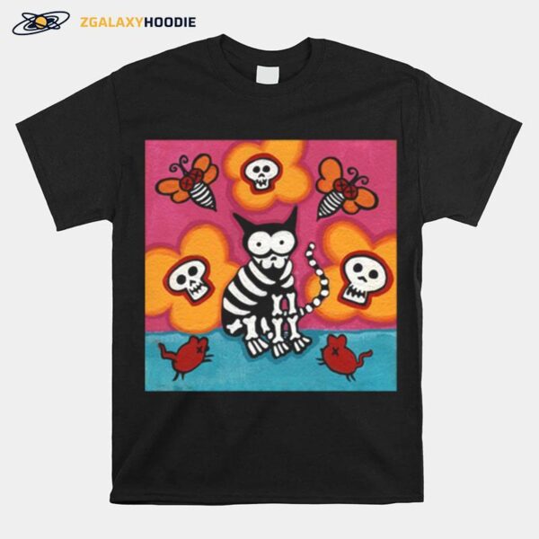 Skelly Cat With Bees Dia De Muertos Day Of Dead T-Shirt