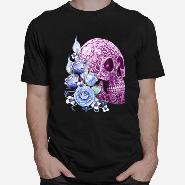 Skull Day Of The Dead Blue Flowers T-Shirt