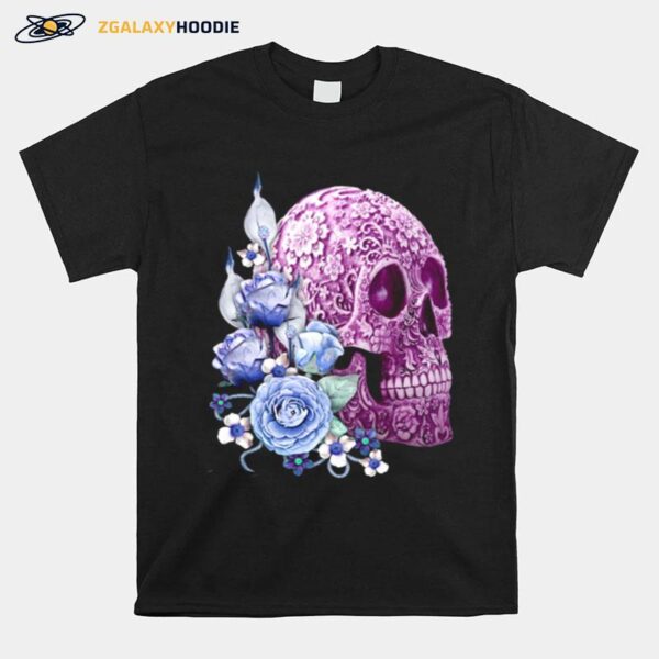 Skull Day Of The Dead Blue Flowers T-Shirt