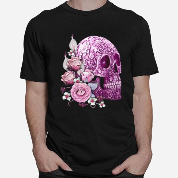 Skull Day Of The Dead Pink Flowers T-Shirt