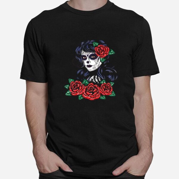 Skull Girl With Red Roses T-Shirt