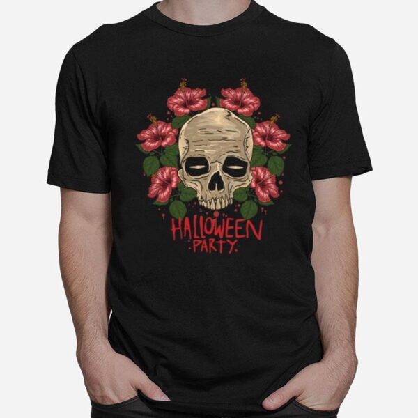 Skull Hibiscus Flower Halloween Party T-Shirt