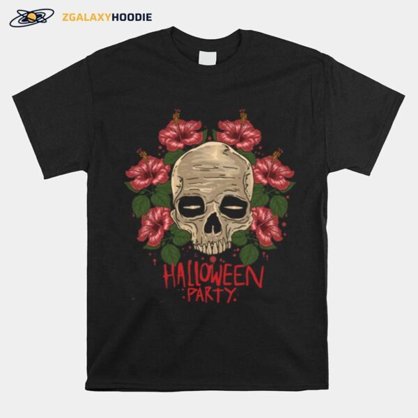 Skull Hibiscus Flower Halloween Party T-Shirt