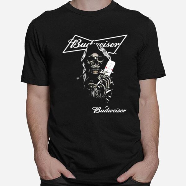 Skull Holding Budweiser Beer Logo T-Shirt