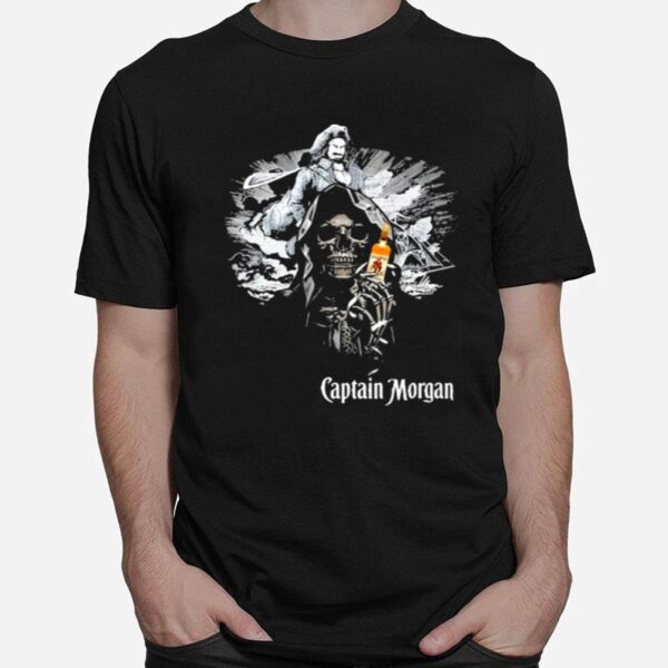 Skull Holding Captain Morgan Logo T-Shirt