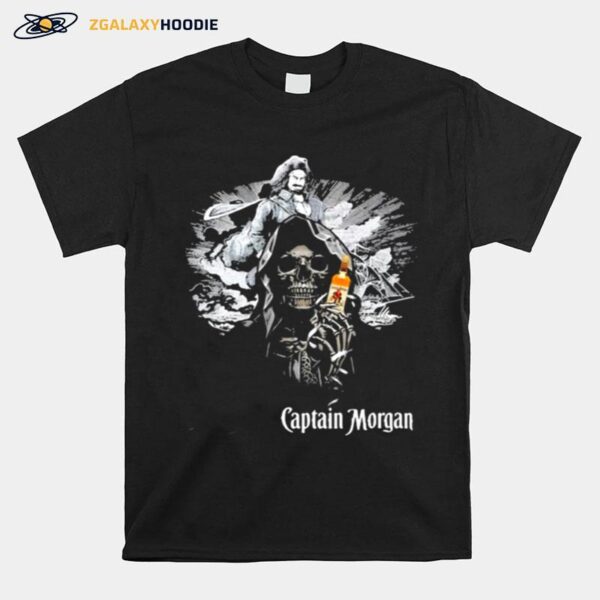 Skull Holding Captain Morgan Logo T-Shirt